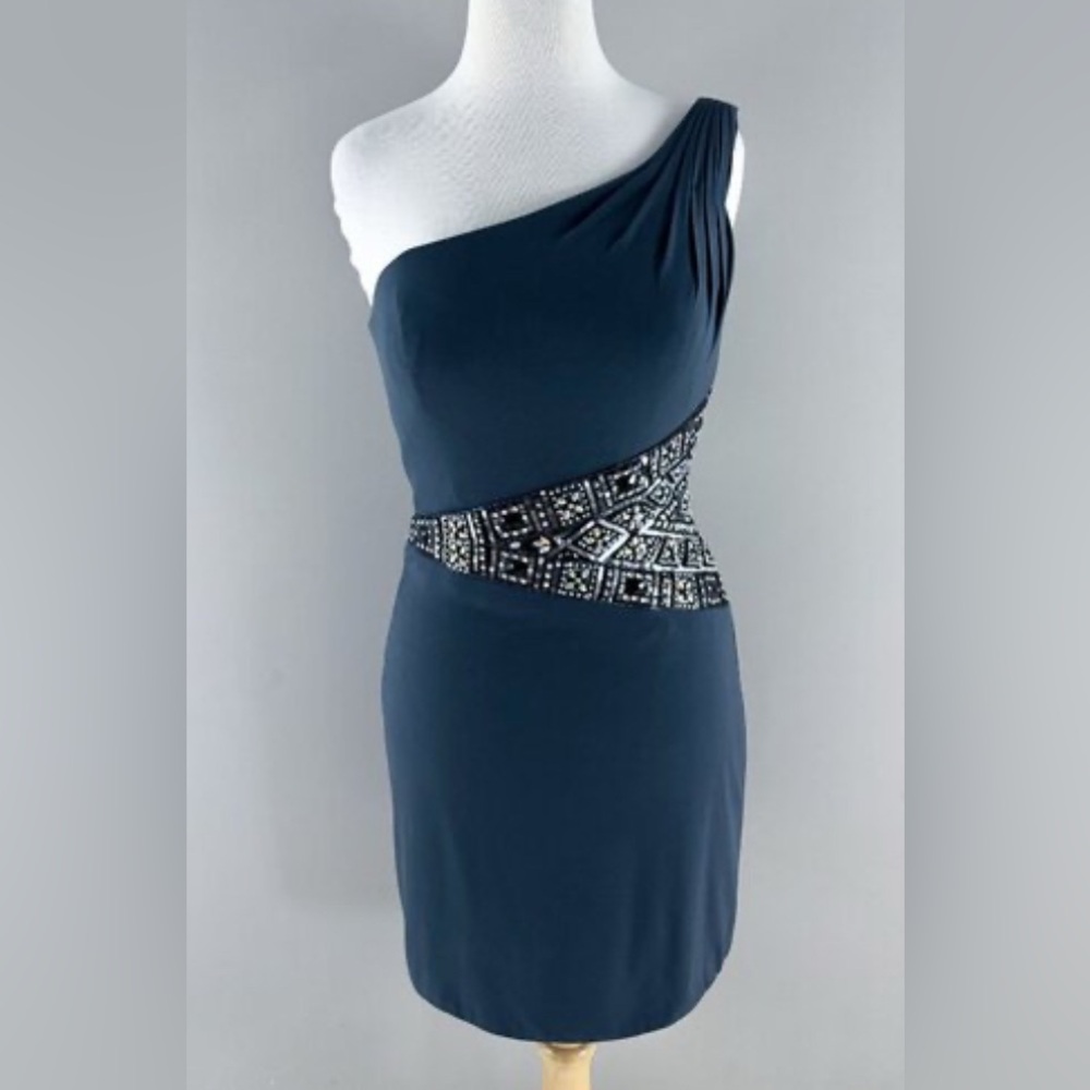 Tony Bowls Gray One Shoulder Beaded Sequin Rhinestone Dress 6